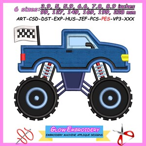 Può includere: Design di monster truck blu con grandi pneumatici neri, una bandiera a scacchi e il testo "GLOW EMBROIDERY". Disponibile in 6 misure: 99, 127, 149, 169, 199, 228 mm. Design di applicazioni per macchine da ricamo.