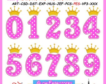 May include: Pink polka-dotted numbers 0-9, each topped with a gold crown. The numbers are in a playful font, suitable for embroidery designs. Includes sizes in inches and millimeters, and file formats.