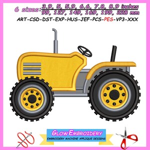Puede incluir: Un diseño de tractor amarillo con neumáticos negros y un volante. La imagen incluye texto que indica tamaños de 3,9 a 8,9 pulgadas y de 99 a 228 mm. El diseño es para apliques de bordado a máquina.