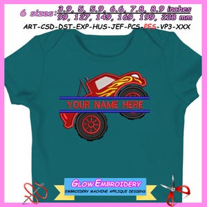 May include: Teal baby bodysuit with a red monster truck design. The truck has yellow flames and black wheels. The text "YOUR NAME HERE" is in blue. The design is available in 6 sizes, from 3.9 to 8.9 inches.