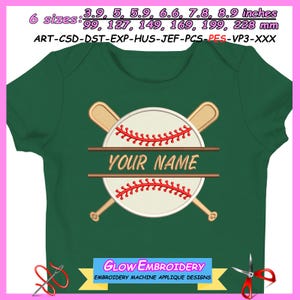 May include: A dark green baby bodysuit featuring a baseball design. The design includes a baseball with red stitching, two crossed bats, and the text "YOUR NAME". The image also includes the text "GLOW EMBROIDERY" and size information in inches and millimeters.