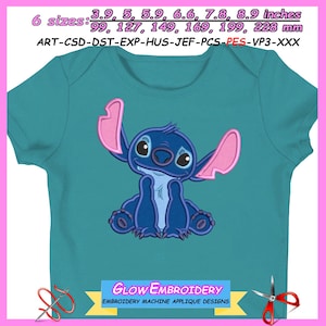 Puede incluir: Body de bebé turquesa con un personaje de dibujos animados azul y rosa. El diseño incluye el texto "GLOW EMBROIDERY EMBROIDERY MACHINE APPLIQUE DESIGNS". Disponible en tallas de 99 mm a 228 mm.