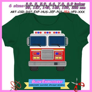 May include: A dark green baby bodysuit featuring a red and white fire truck design. The fire truck has blue windows and lights, with the text "GLOW EMBROIDERY" and "EMBROIDERY MACHINE APPLIQUE DESIGNS" at the bottom. Available in sizes from 3.9 to 8.9 inches.