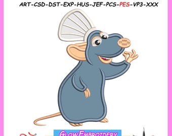 Diseño de bordado con apliques Remy, diseño de bordado Ratatouille, 6 tamaños, descarga instantánea