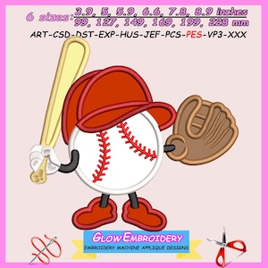 Diseño de bordado de apliques de béisbol, 6 tamaños, descarga instantánea