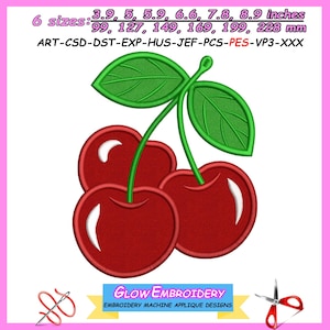 May include: An embroidery machine applique design of three red cherries with green stems and leaves. Text includes 6 sizes: 3.9, 5, 5.9, 6.6, 7.8, 8.9 inches; 99, 127, 149, 169, 199, 228 mm; file formats ART-CSD-DST-EXP-HUS-JEF-PCS-PES-VP3-XXX; and Glow Embroidery.