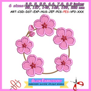 Broderidesign med applikationer med körsbärsblommor, applikation med ramar med körsbärsblommor, 6 storlekar, direktnedladdning