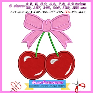 May include: A digital embroidery design featuring two red cherries with green stems and a pink bow. The design includes sizes from 3.9 to 8.9 inches and 99 to 228 mm. The text "GLOW EMBROIDERY EMBROIDERY MACHINE APPLIQUE DESIGNS" is also included.