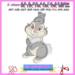 May include: An embroidery machine applique design of a grey rabbit with cream accents. Text includes 6 sizes: 3.9, 5, 5.9, 6.6, 7.8, 8.9 inches and 99, 127, 149, 169, 199, 228 mm. File formats: ART-CSD-DST-EXP-HUS-JEF-PCS-PES-VP3-XXX. Glow Embroidery.