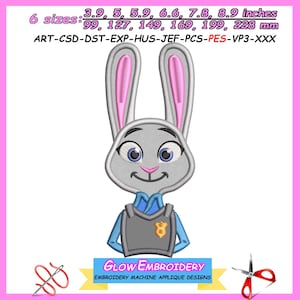 Könnte beinhalten: Gesticktes Design eines Cartoon-Hasen in Polizeiuniform, mit dem Text "GLOW EMBROIDERY". Das Design enthält Größenangaben in Zoll und Millimetern, bis zu 228 mm.