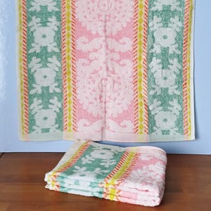 Vintage 70s 80s cotton terry towel pink orange yellow and green