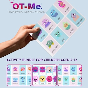 Op de afbeelding: Een set kleurrijke kaarten met cartoon gezichten die verschillende emoties uitdrukken, zoals blij, verdrietig, boos en moe. De kaarten zijn ontworpen voor kinderen van 4 tot 12 jaar en maken deel uit van een activiteitenpakket voor ergotherapie.