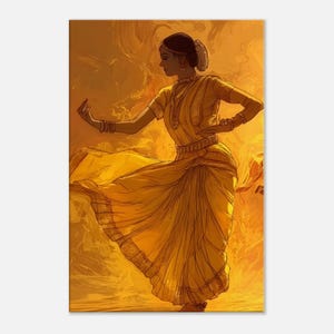 Op de afbeelding: Illustratie van een danseres in een vloeiende gele sari, versierd met sieraden, in een sierlijke pose. De achtergrond heeft een warme, gouden tint, die het silhouet van de figuur versterkt. Het kunstwerk vangt de essentie van de traditionele Indiase dans.
