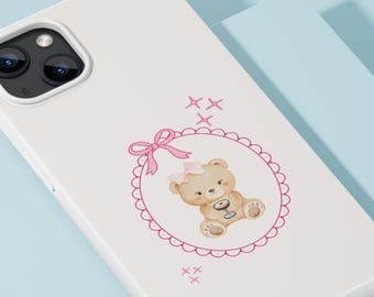 Custodia per telefono con ritratto di orsacchiotto / Design ovale con fiocco rosa, sottile e protettiva.