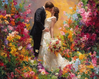 May include: An oil painting depicting a couple in formal wedding attire kissing amidst a dense, vibrant garden of colorful flowers. The individual on the left wears a dark suit, while the individual on the right wears a white gown and holds a bouquet.