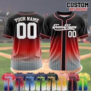 May include: Custom baseball jerseys in various colors, featuring a gradient design and the option to personalize with a team name and number. The jerseys have a button-up front and are displayed with the text "CUSTOM ANY REQUEST".