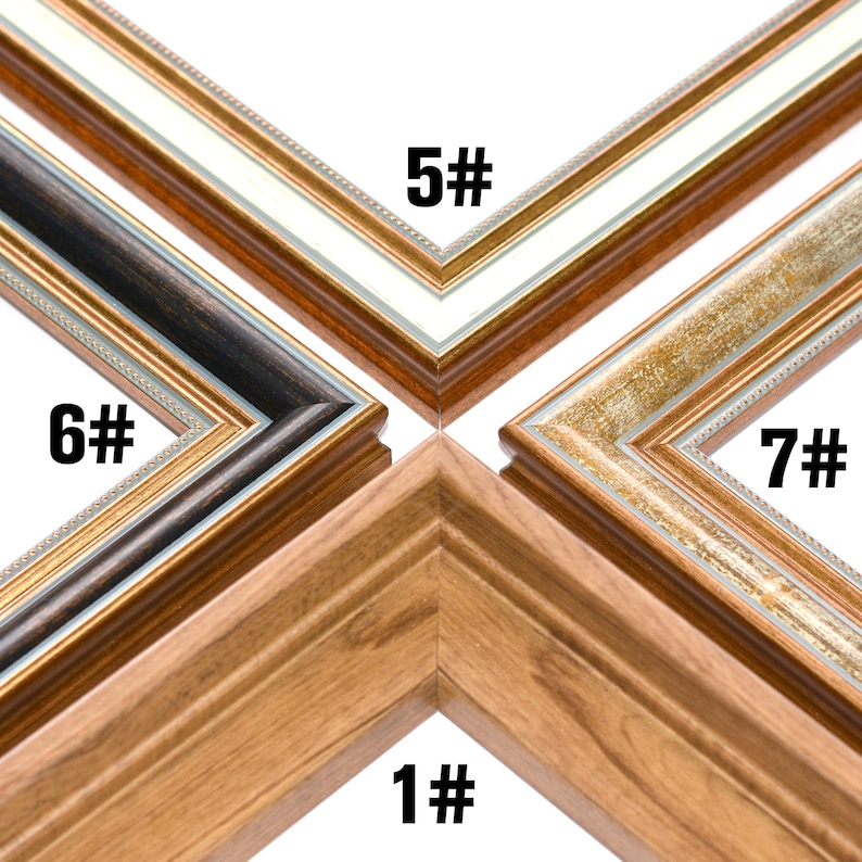 Puede incluir: Primer plano de cuatro esquinas de marcos de fotos diferentes. Los marcos est&aacute;n numerados 1#, 5#, 6# y 7#. Los marcos tienen varios colores y texturas, incluyendo vetas de madera, dorado, negro y blanco.
