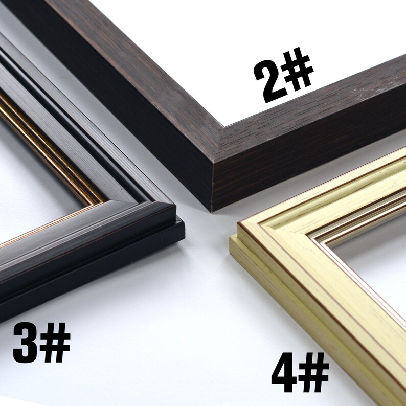 Puede incluir: Primer plano de cuatro marcos de fotos de diferentes colores y estilos. Los marcos son de varios colores, incluyendo marr&oacute;n oscuro, negro y dorado. Cada marco tiene una textura diferente. Los n&uacute;meros 2#, 3# y 4# est&aacute;n impresos.