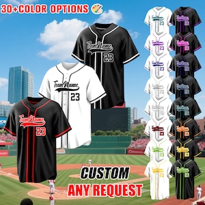 Puede incluir: Se muestran camisetas de béisbol en varios colores, incluyendo negro, blanco y rojo. Cada camiseta presenta el nombre del equipo y el número 23. La imagen también incluye el texto "30+ COLOR OPTIONS" y "CUSTOM ANY REQUEST".