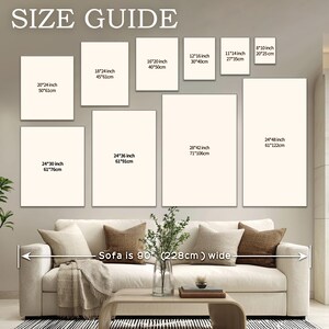 Puede incluir: Una gu&iacute;a de tallas muestra varios tama&ntilde;os de lienzos rectangulares, incluyendo 20x25 cm, 40x50 cm y 61x122 cm. El sof&aacute; de abajo mide 228 cm de ancho. El texto "SIZE GUIDE" est&aacute; en la parte superior.