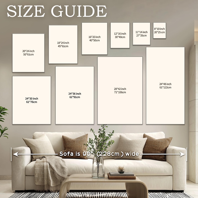 Puede incluir: Una gu&iacute;a de tallas muestra varios tama&ntilde;os de lienzos rectangulares, incluyendo 20x25 cm, 40x50 cm y 61x122 cm. El sof&aacute; de abajo mide 228 cm de ancho. El texto "SIZE GUIDE" est&aacute; en la parte superior.