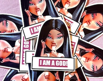 May include: A collection of stickers featuring a cartoon character with long black hair, pink lips, and blue eyes. The stickers have the text "I AM A GOD!" on a white and maroon banner.
