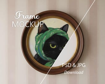 Vintage Round Frame Mockup — Classic Striped Wallpaper — JPG & PSD Download