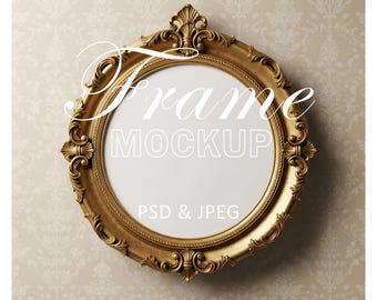 Round Gold Ornate Frame Mockup for Vintage Wall Art – Editable PSD & JPEG Download