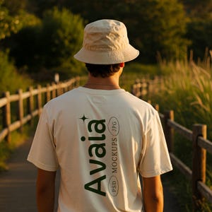 以下が含まれることがあります： クリーム色のバケットハットと、濃い緑色で「Avaia」とプリントされたクリーム色のTシャツを着た人。その人は、両側に木の柵がある木の遊歩道を歩いています。