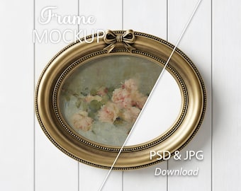 Horizontal Gold Oval Frame Mockup with Bow - Vintage Wall Art Frame on White Wooden Panel - PSD & JPG Download
