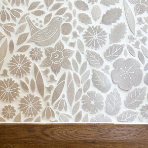 May include: A wall covering featuring a repeating pattern of light brown, textured floral and botanical shapes, including various flowers, leaves, and a bird, set against a white background, positioned above a dark brown wooden skirting board.