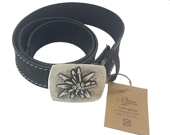 Black Buffalo Leather Belt | White Stitching | Edelweiss Buckle Antique Silver | 4cm/1,57in  Interchangeable Belt