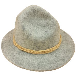 May include: A gray fedora-style hat with a wide brim and a light brown rope band. The hat is made of a soft, felt-like material. The hat's crown has a slight indentation.