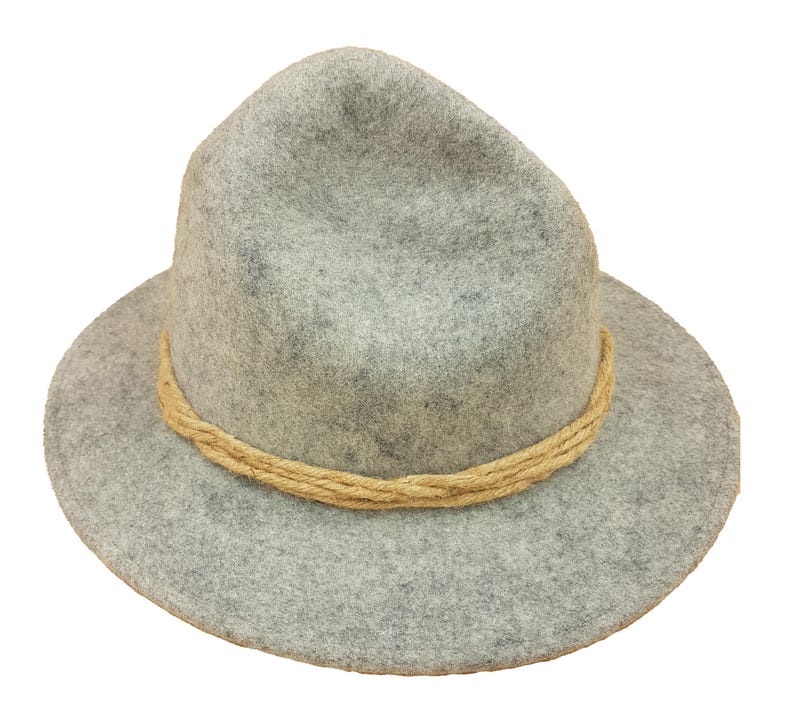 May include: A gray fedora-style hat with a wide brim and a light brown rope band. The hat is made of a soft, felt-like material. The hat's crown has a slight indentation.
