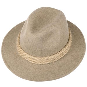 May include: A light tan fedora-style hat with a wide brim. The hat features a braided rope band around the crown. The hat is made of a soft, felt-like material and is suitable for various occasions.