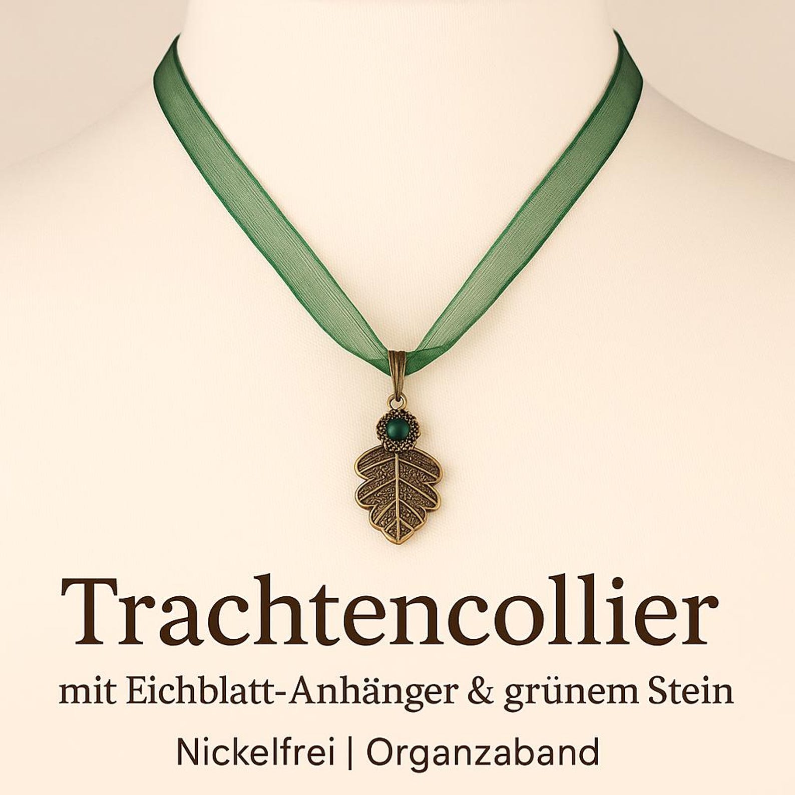 Oktoberfest Necklace Dirndl Jewelry Oak Leaf Necklace Green Stone Bavarian Alpine Necklace Gift for Her