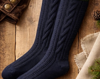 Handcrafted Merino Wool Knee-High Socks with Cable Knit – Traditional Bavarian Style