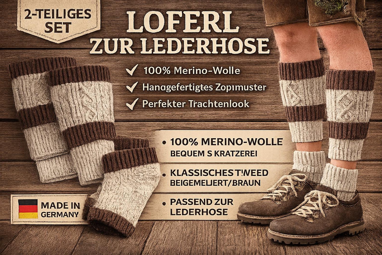 Men’s Bavarian Loferl Socks – Oktoberfest Lederhosen Accessories, Merino Wool Calf Warmers + Footlets, Cable Knit, German Made