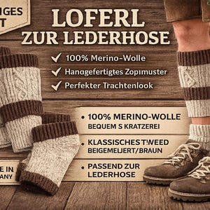 Może przedstawiać: Dwuczęściowy zestaw skarpet Loferl do tradycyjnych lederhosen. Skarpetki są beżowe i brązowe z warkoczowym wzorem. Na zdjęciu widnieje również para brązowych skórzanych butów oraz napis "Made in Germany."