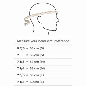 May include: A size guide with the text "SIZE GUIDE" and "Measure your head circumference." A diagram shows a head with a measuring tape. Measurements are listed in centimeters, with corresponding hat sizes from 6 7/8 to 7 5/8.