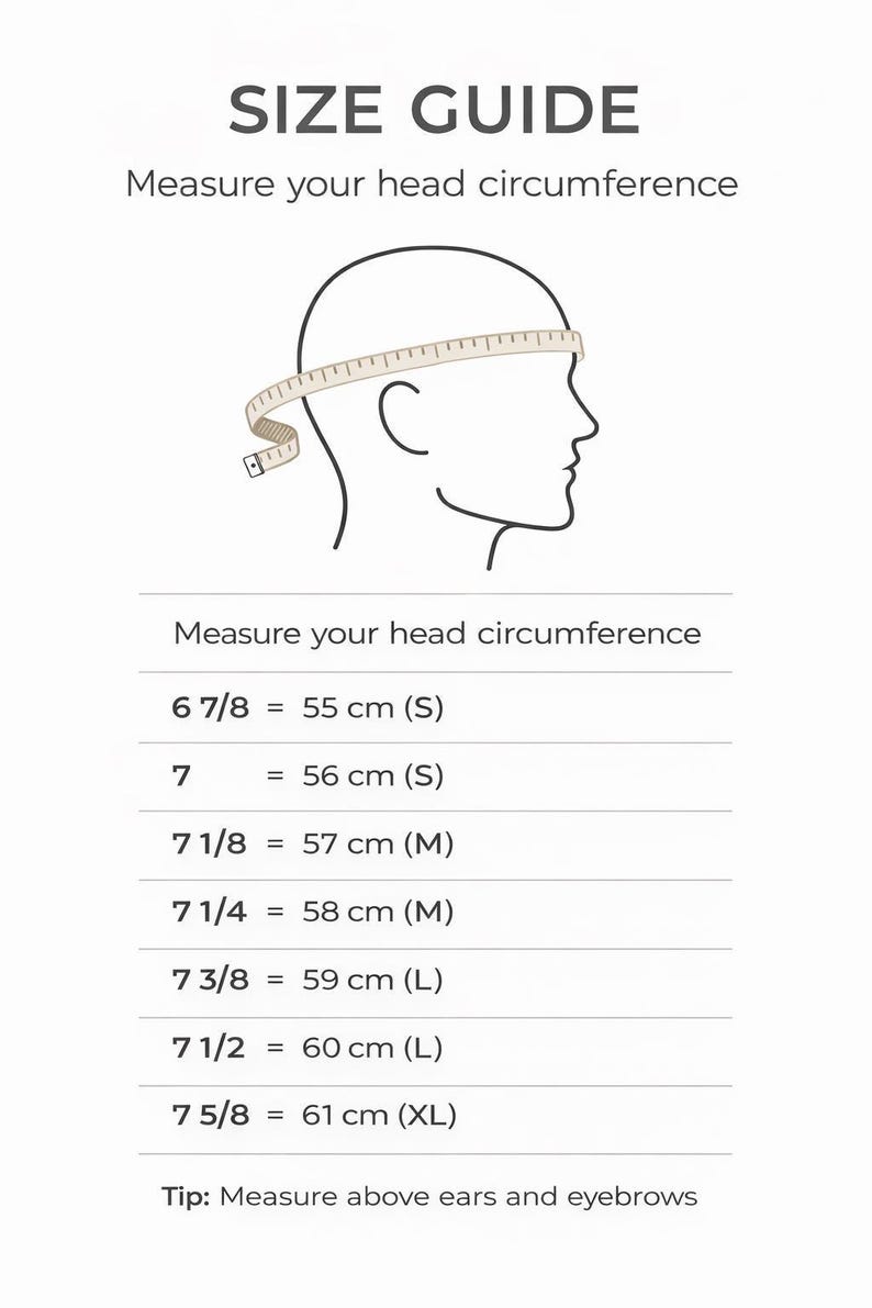 May include: A size guide with the text "SIZE GUIDE" and "Measure your head circumference." A diagram shows a head with a measuring tape. Measurements are listed in centimeters, with corresponding hat sizes from 6 7/8 to 7 5/8.