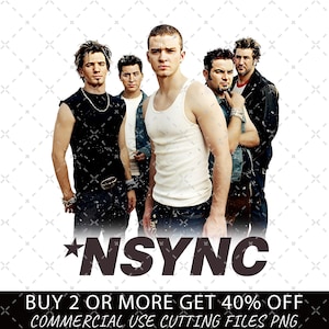 May include: A digital graphic featuring the boy band *NSYNC, with five members posing in casual attire including tank tops, denim, and leather jackets. The text *NSYNC is displayed in large dark letters below the group, with additional text below.