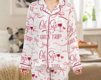 Girls Trip Pajama Set: Wine Theme Sleepwear, Matching Bridesmaid PJs