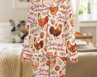 Pijama "Just a Girl Who Loves Pecker": Divertida pijama de gallo, regalo para los amantes de los pollos.