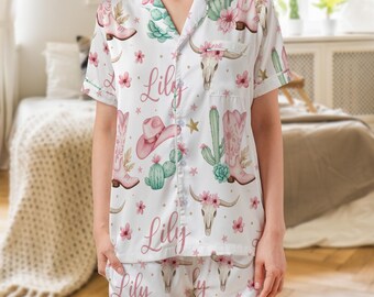 Western Satin Pyjama Set - Personalisierte Cowgirl Nachtwäsche