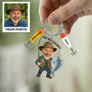 Reel Best Grandpa Angeln Schlüsselbund - Benutzerdefiniertes Foto & Name lockt Geschenk, personalisierter Vatertags-Schlüsselanhänger für Fischer-Opa