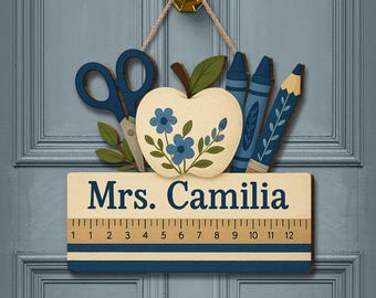 Personalized Teacher Door Sign: Apple Pencil Decor, Custom Classroom Name
