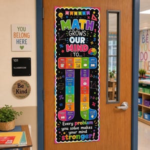 May include: A vertical rectangular classroom poster with a black background featuring the text MATH GROWS OUR MIND TO... and Every problem you solve makes your mind stronger. The design includes a colorful pi symbol graphic with educational steps.