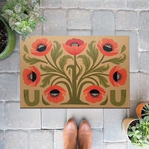 Retro Floral Doormat, Poppy Flower Welcome Mat, Boho Front Porch Decor, Outdoor Door Mat, Summer Entryway Rug, Folk Art Doormat