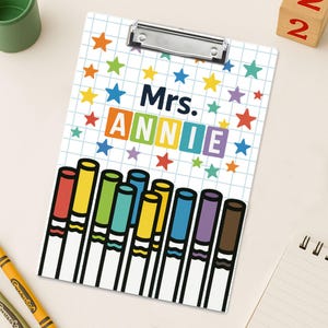 Personalized Acrylic Clipboard for Teachers - Colorful Marker and Star Design, Custom Name Gift, Fun Back to School Teacher Accessory